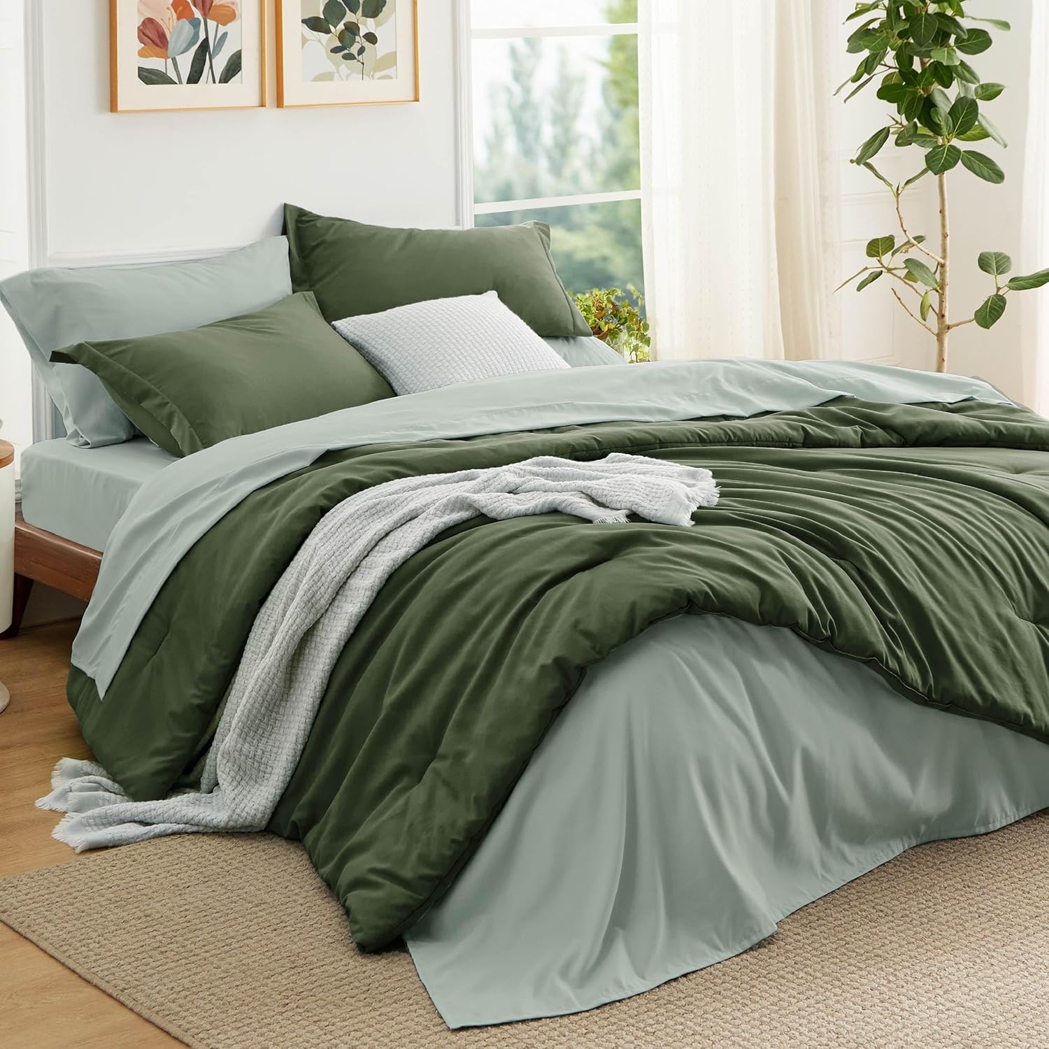 Bedsure Queen Comforter Set - 7 Pieces Grayish Blue Queen Bedding Set for All Seasons, Boho Contrasting Design Bed in a Bag with Comforter, Sheets, Pillowcases & Shams