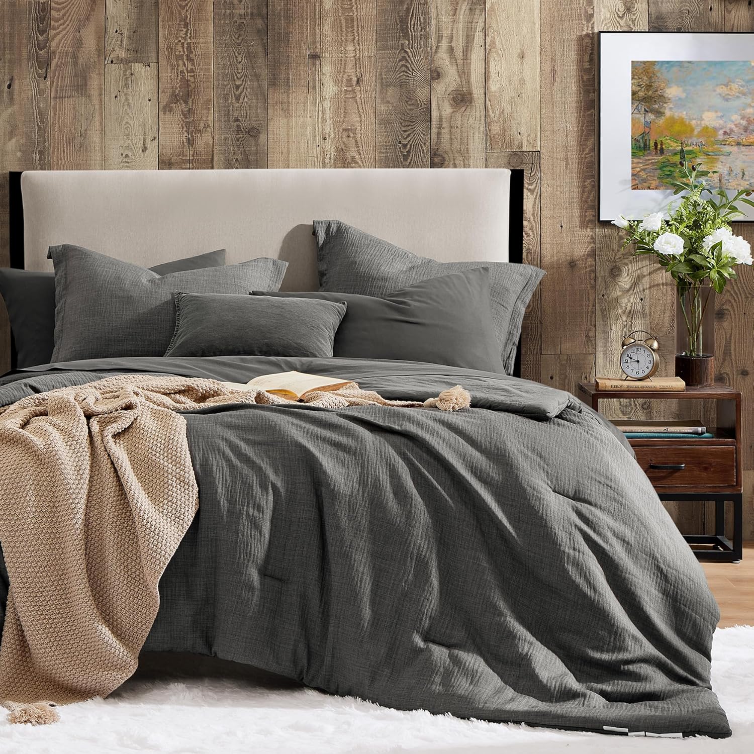 Geniospin King Comforter Set - 7 Pieces Comforter King Size, Soft Solid Bedding Set for All Season, Textured Bed in a Bag with Sheets, Pillowcases & Shams (Dark Green, 102''x90'')