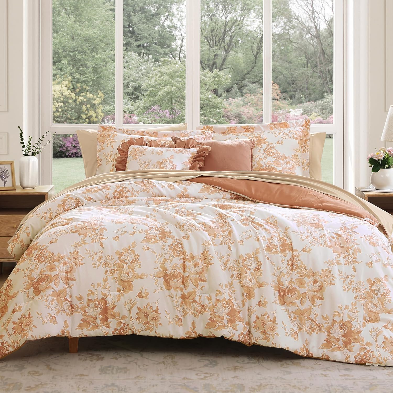 Queen Comforter Set -7 Pieces Pink Floral Comforter Set for All Seasons, Bed in a Bag Queen with Botanical Flowers Comforter, Sheets, Pillowcases & Shams