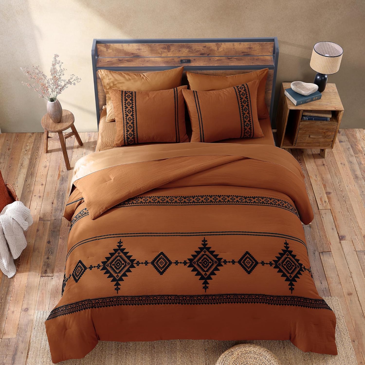 MaiRêve Burnt Orange Embroidery Comforters Set Queen Size - 7 Pieces, Farmhouse Western Bedding All Season, Bed in A Bag Queen Boho Comforter Set with Sheets, Pillowcases & Shams