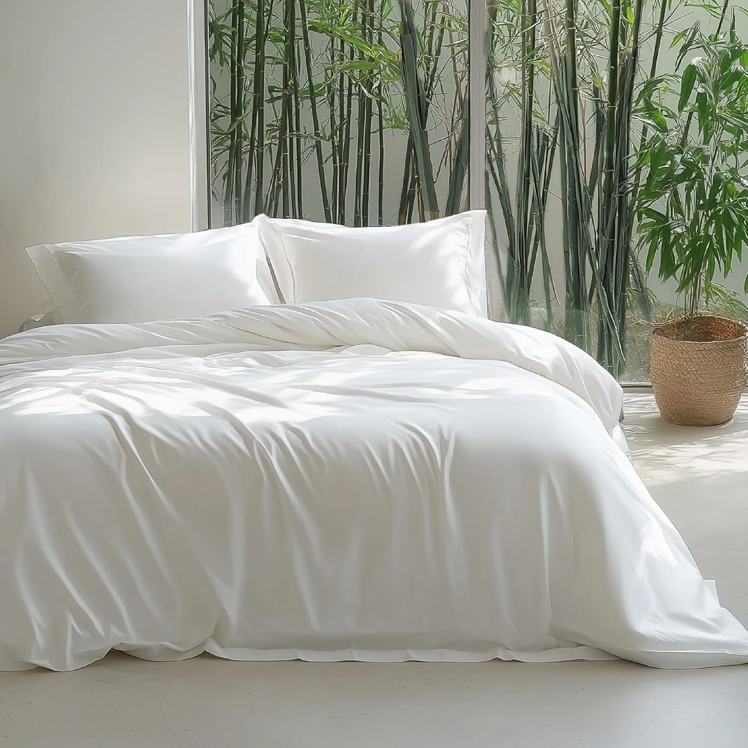 Bedsure Silky Cooling Duvet Cover Queen Size - 100% Rayon Derived from Bamboo Comforter Cover Set for Hot Sleepers, Breathable & Moisture-Wicking Bedding Set, White
