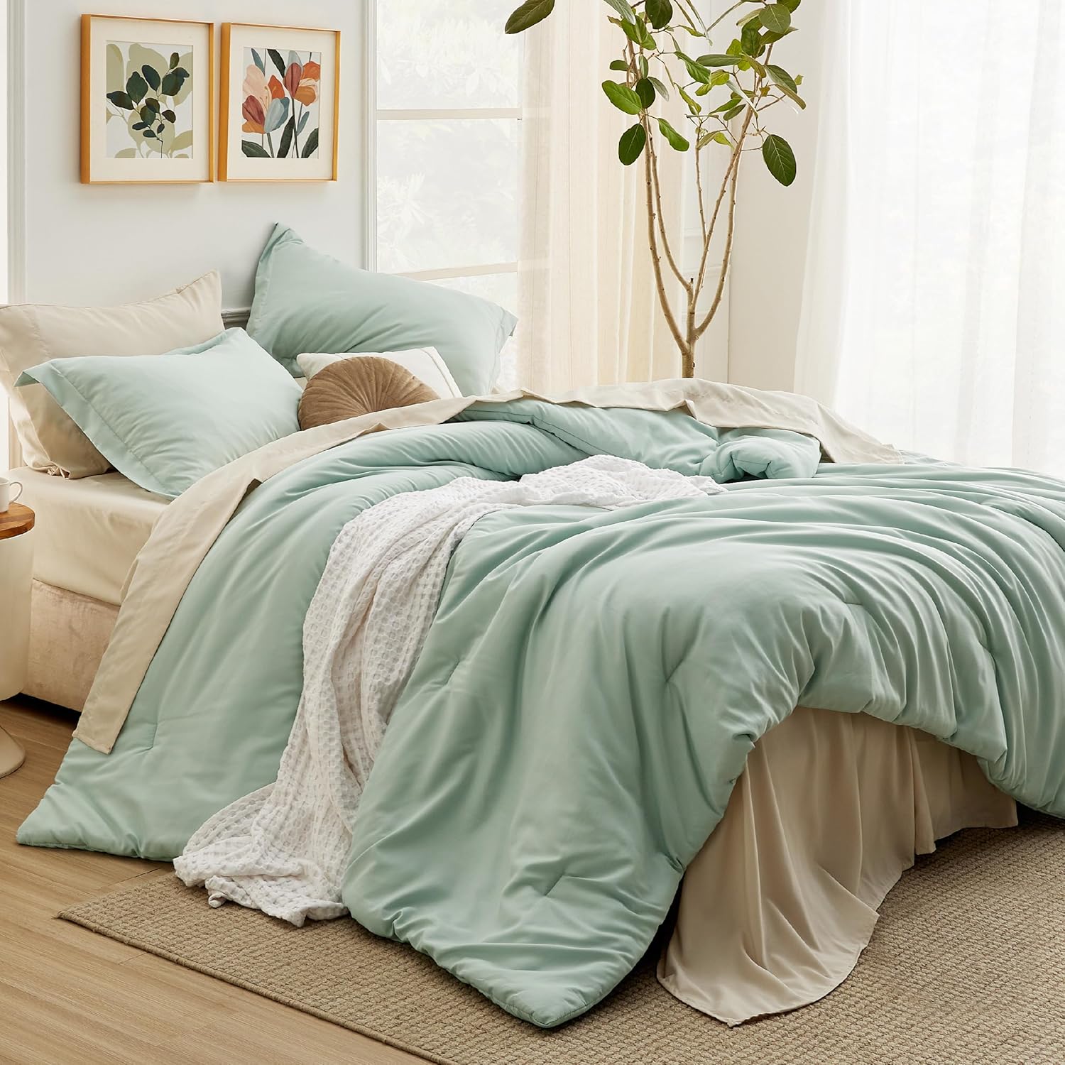 Bedsure Queen Comforter Set - 7 Pieces Grayish Blue Queen Bedding Set for All Seasons, Boho Contrasting Design Bed in a Bag with Comforter, Sheets, Pillowcases & Shams