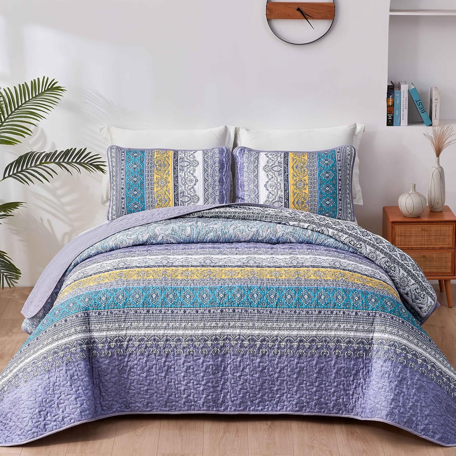 WONGS BEDDING Bohemian Quilt Set King Size, Boho Striped Printed Bedding Bedspread Coverlet Set for All Season, Lightweight Microfiber Quilts with 2 Pillowcases 104"x90" (3 Pieces, Colorful)