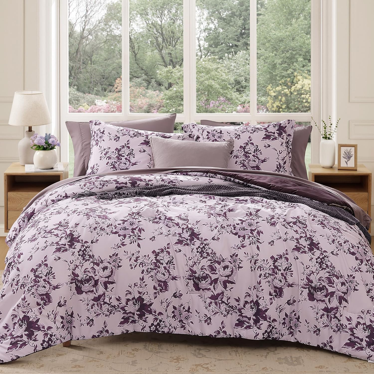 Queen Comforter Set -7 Pieces Pink Floral Comforter Set for All Seasons, Bed in a Bag Queen with Botanical Flowers Comforter, Sheets, Pillowcases & Shams