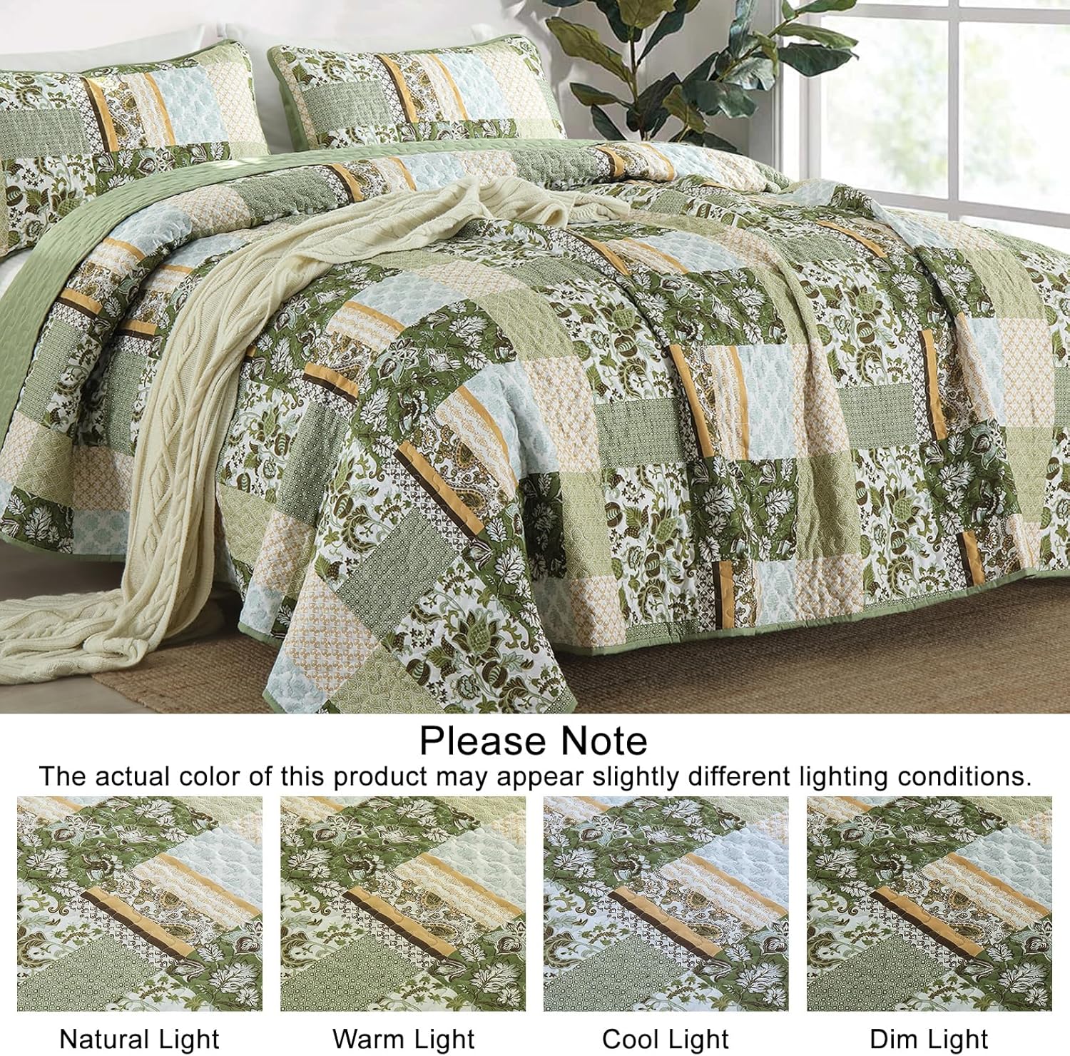 WONGS BEDDING Green Quilt Set King Size，Green Patchwork Plaid Printed Bedspread Coverlet Set，3 Pieces Summer Soft Microfiber Boho Bedding Set with 1 Quilt 2 Pillowcases