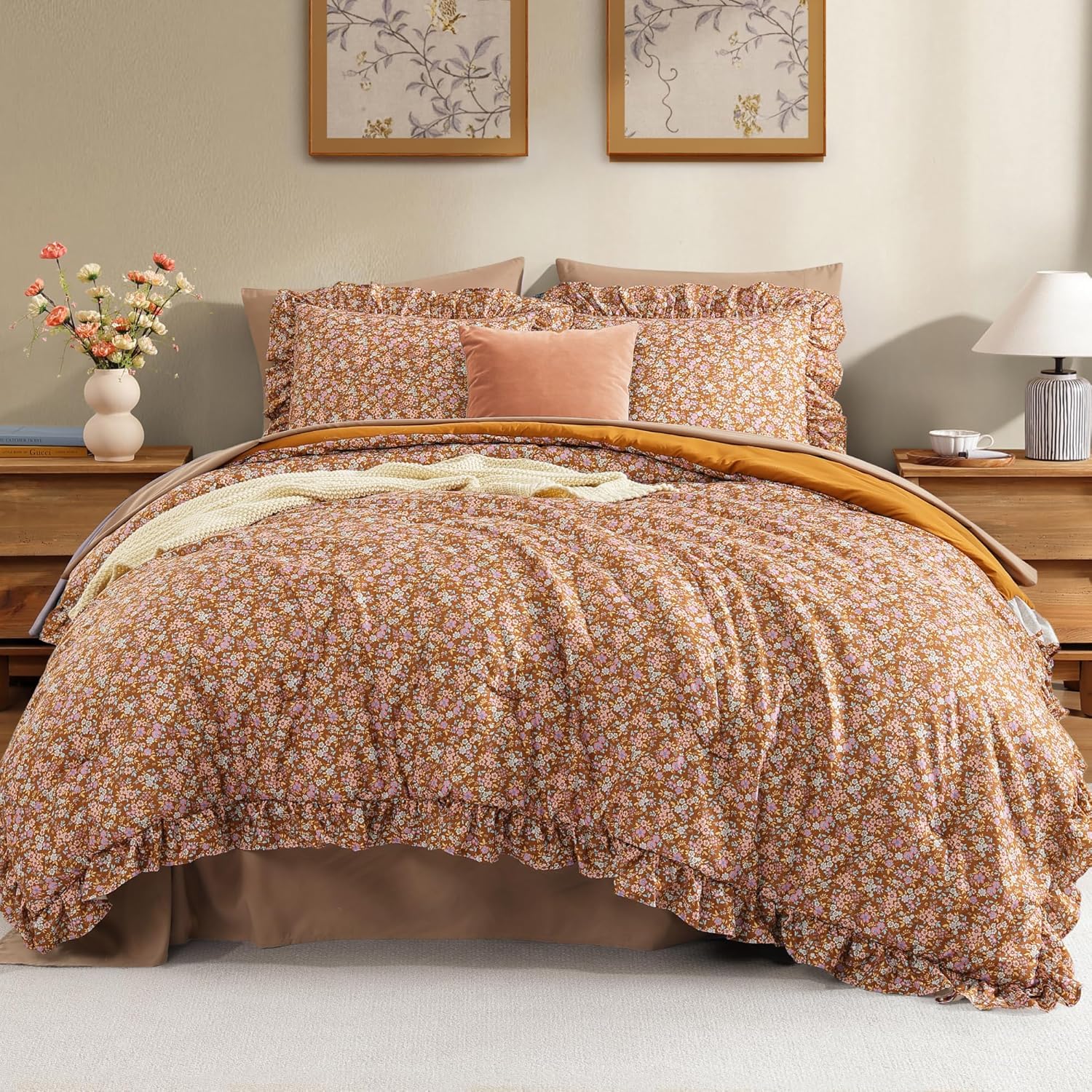 Queen Comforter Set - 7 Pieces Ruffle Sage Green Bedding Sets, Shabby Chic Farmhouse Bed in a Bag Queen with Ruffle Comforter, Floral Sheets, Pillowcases & Shams