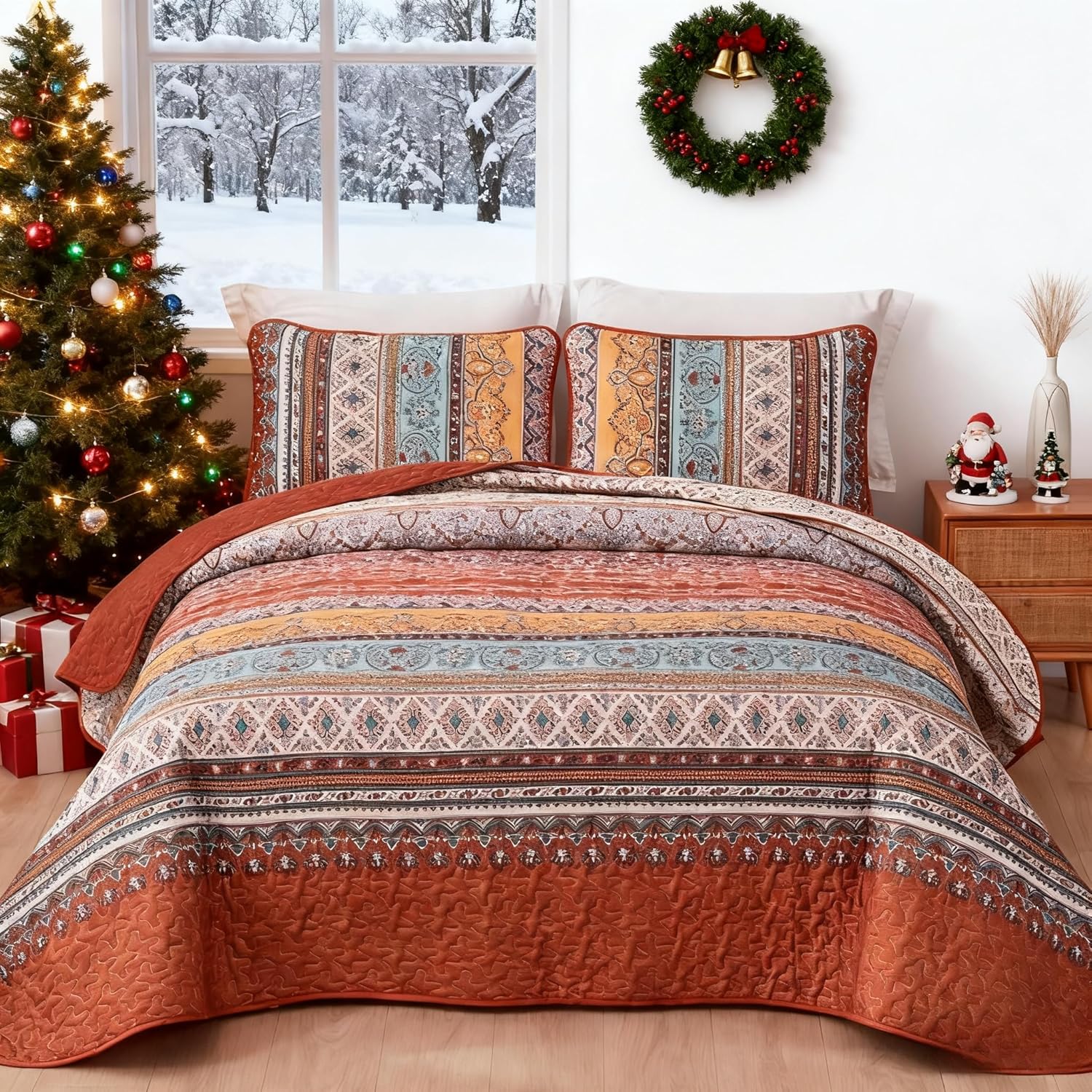 WONGS BEDDING Bohemian Quilt Set King Size, Boho Striped Printed Bedding Bedspread Coverlet Set for All Season, Lightweight Microfiber Quilts with 2 Pillowcases 104"x90" (3 Pieces, Colorful)