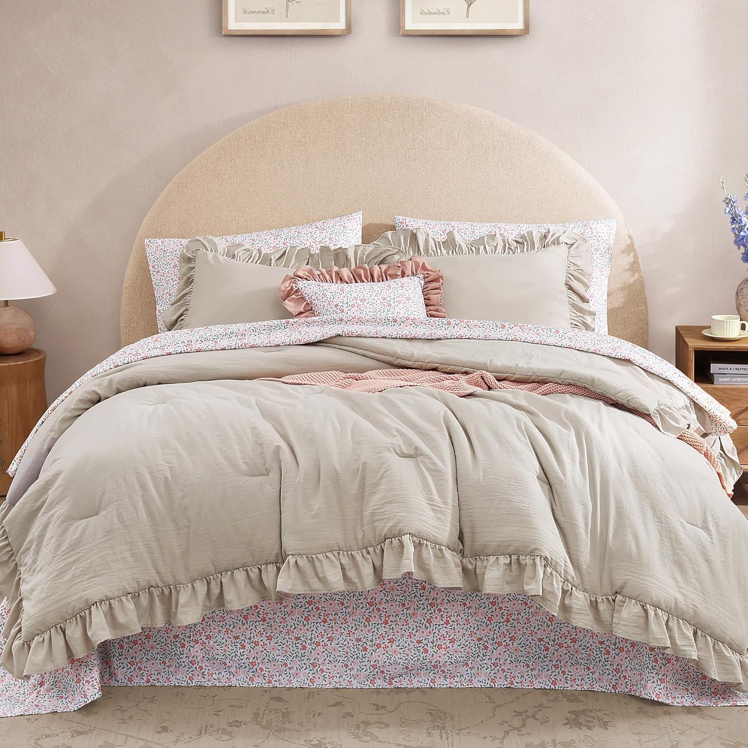 Queen Comforter Set - 7 Pieces Ruffle Sage Green Bedding Sets, Shabby Chic Farmhouse Bed in a Bag Queen with Ruffle Comforter, Floral Sheets, Pillowcases & Shams