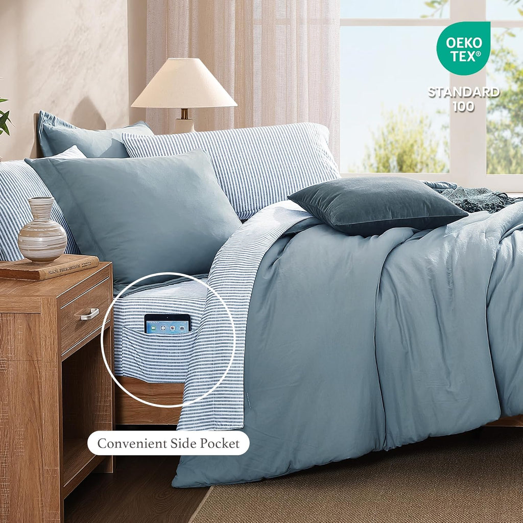 Monbix Queen Comforter Set - 7 Pieces Dusty Blue Prewashed Bed in a Bag Queen Bedding Sets with Comforters, All Seasons Ultra Soft Comforter Bed Set with Sheets,Pillowcases & Shams