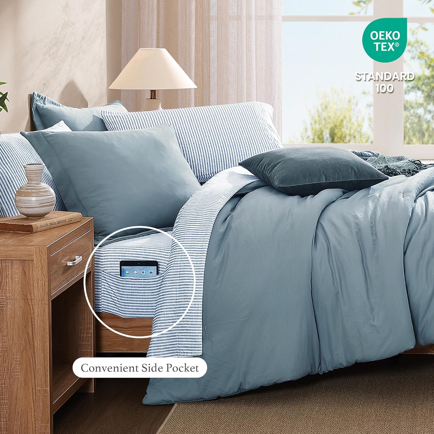 Monbix Queen Comforter Set - 7 Pieces Dusty Blue Prewashed Bed in a Bag Queen Bedding Sets with Comforters, All Seasons Ultra Soft Comforter Bed Set with Sheets,Pillowcases & Shams