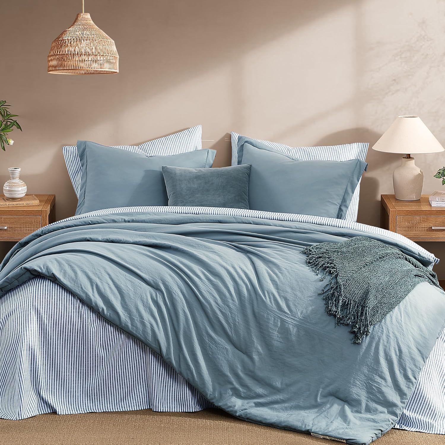Monbix Queen Comforter Set - 7 Pieces Dusty Blue Prewashed Bed in a Bag Queen Bedding Sets with Comforters, All Seasons Ultra Soft Comforter Bed Set with Sheets,Pillowcases & Shams