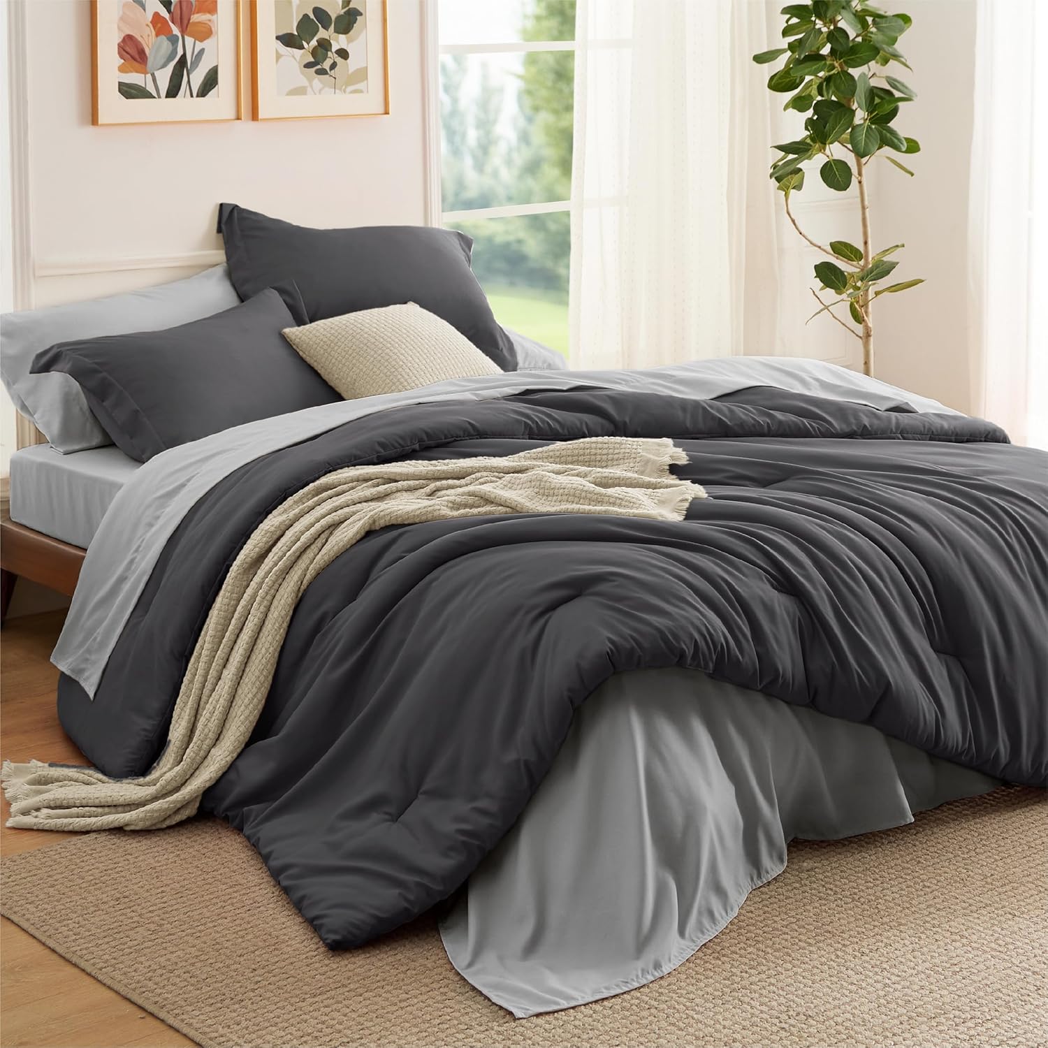 Bedsure Queen Comforter Set - 7 Pieces Grayish Blue Queen Bedding Set for All Seasons, Boho Contrasting Design Bed in a Bag with Comforter, Sheets, Pillowcases & Shams
