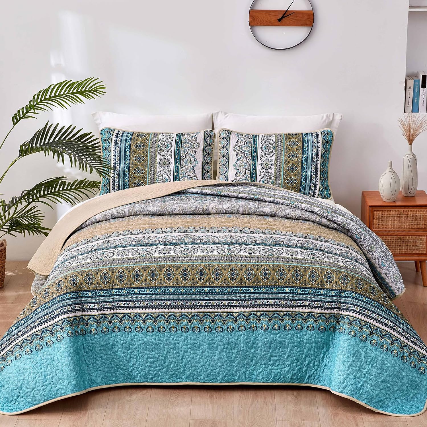 WONGS BEDDING Bohemian Quilt Set King Size, Boho Striped Printed Bedding Bedspread Coverlet Set for All Season, Lightweight Microfiber Quilts with 2 Pillowcases 104"x90" (3 Pieces, Colorful)