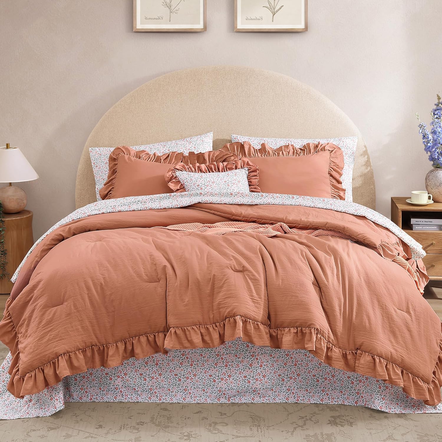 Queen Comforter Set - 7 Pieces Ruffle Sage Green Bedding Sets, Shabby Chic Farmhouse Bed in a Bag Queen with Ruffle Comforter, Floral Sheets, Pillowcases & Shams