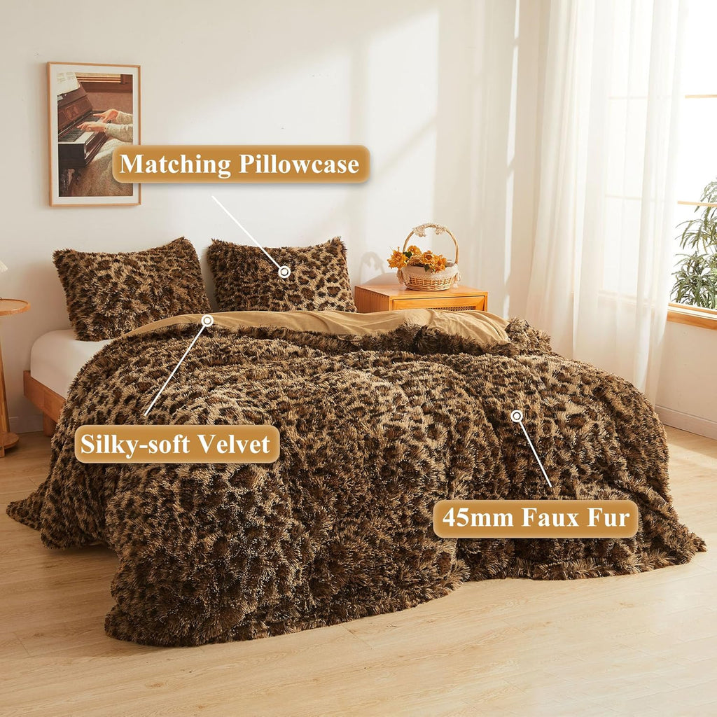 XeGe Cheetah Print Fluffy Faux Fur Duvet Cover Set, 3 Pieces Soft Plush Shaggy Fuzzy Bedding Set(1 Faux Fur Leopard Print Comforter Cover + 2 Furry Pillowcases), Zipper Closure(Queen, Brown)