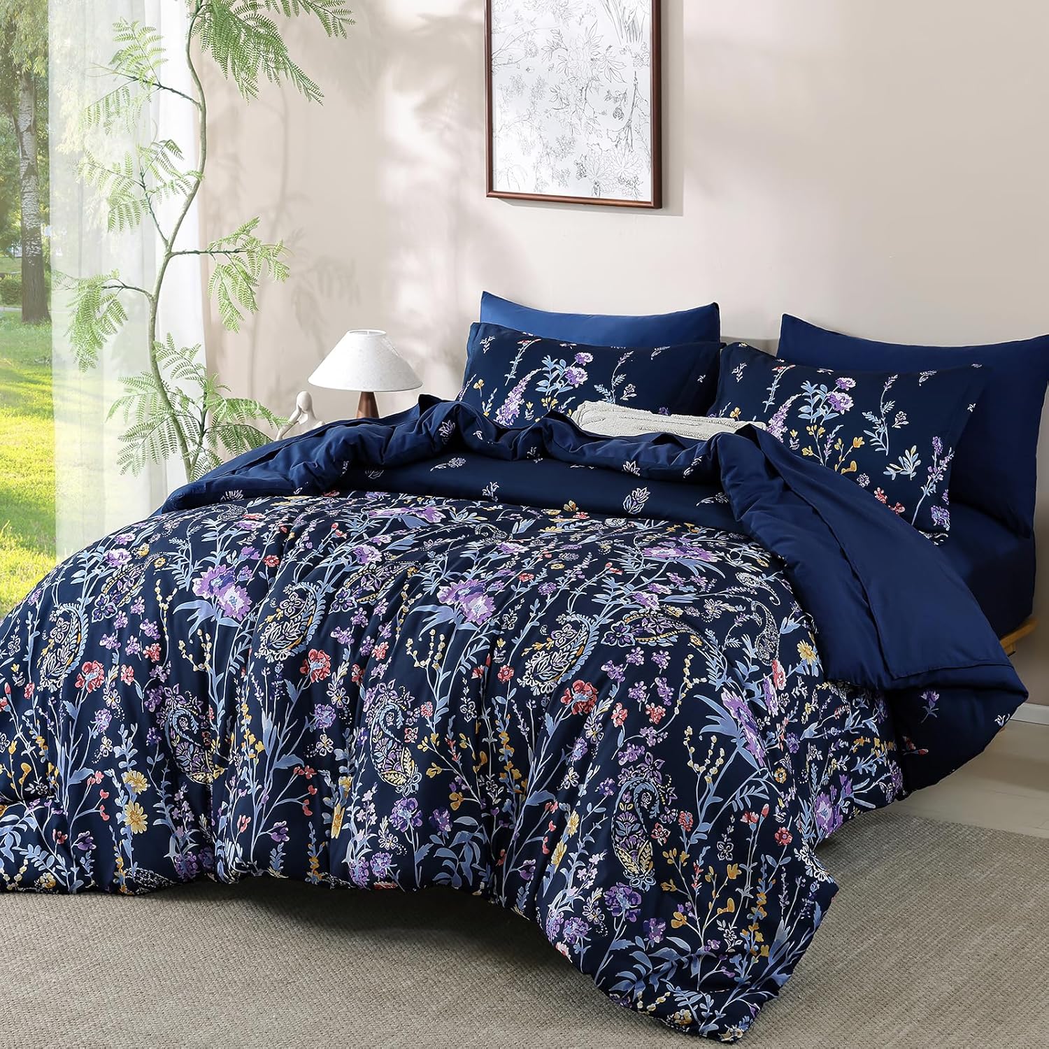 Yiran Purple Watercolour Floral Comforter Set Queen Size, 7 Piece Cute Botanical Lavender Comforter Bedding Set, Bed in a Bag Queen, Soft Microfiber Complete Bedding Set with Sheets for All Season