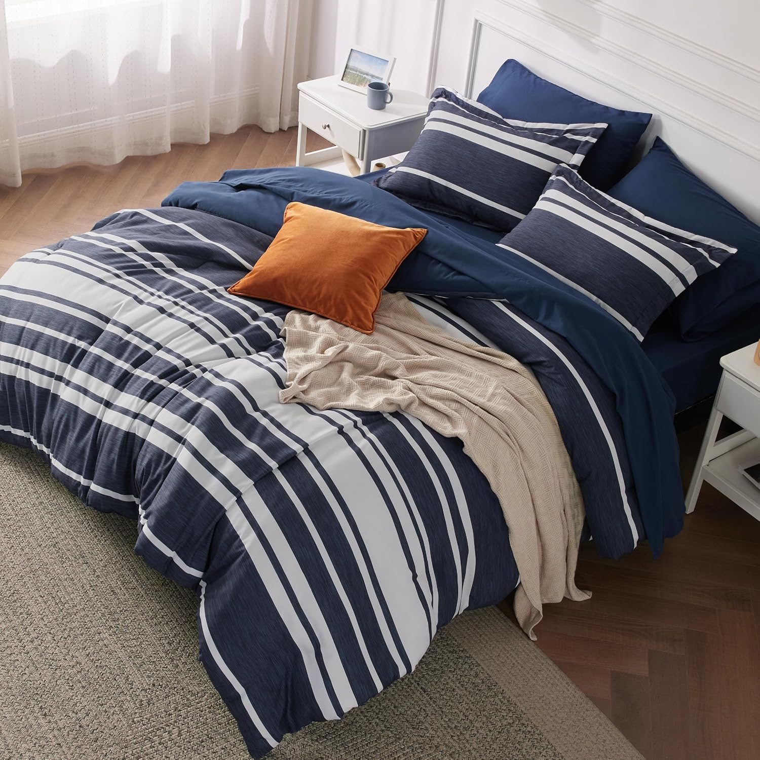 Bedsure Queen Comforter Set 7 Pieces, Blue Striped Bedding Set for All Seasons, Reversible, Cationic Dyeing Bed in a Bag with Comforter, Sheets, Pillowcases & Shams