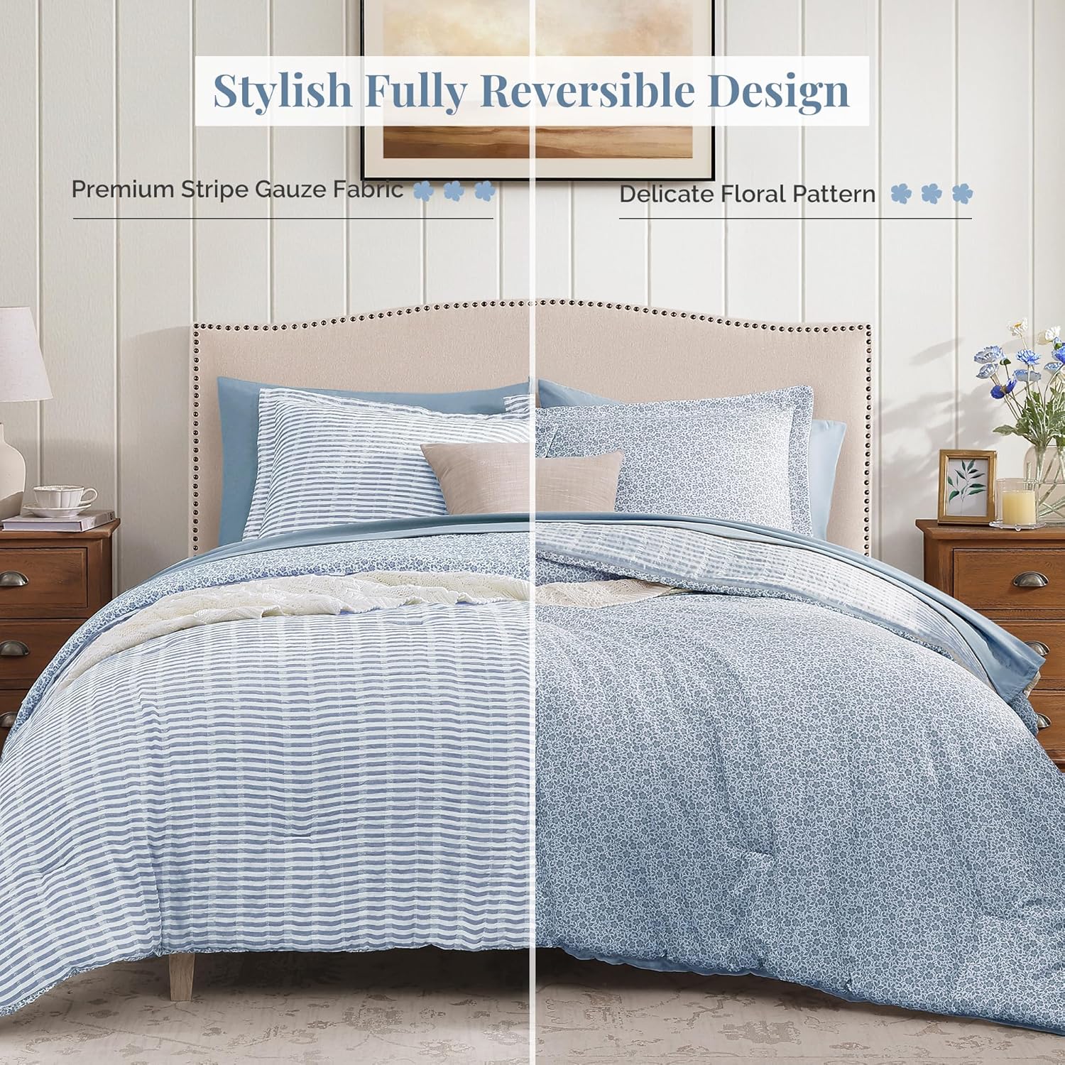 Queen Comforter Set - 7 Pieces Blue Gauze Muslin Bedding Sets for All Seasons, Lightweight Breathable Bed in a Bag Queen with Revesible Farmhouse Comforter, Sheets, Pillowcases & Shams