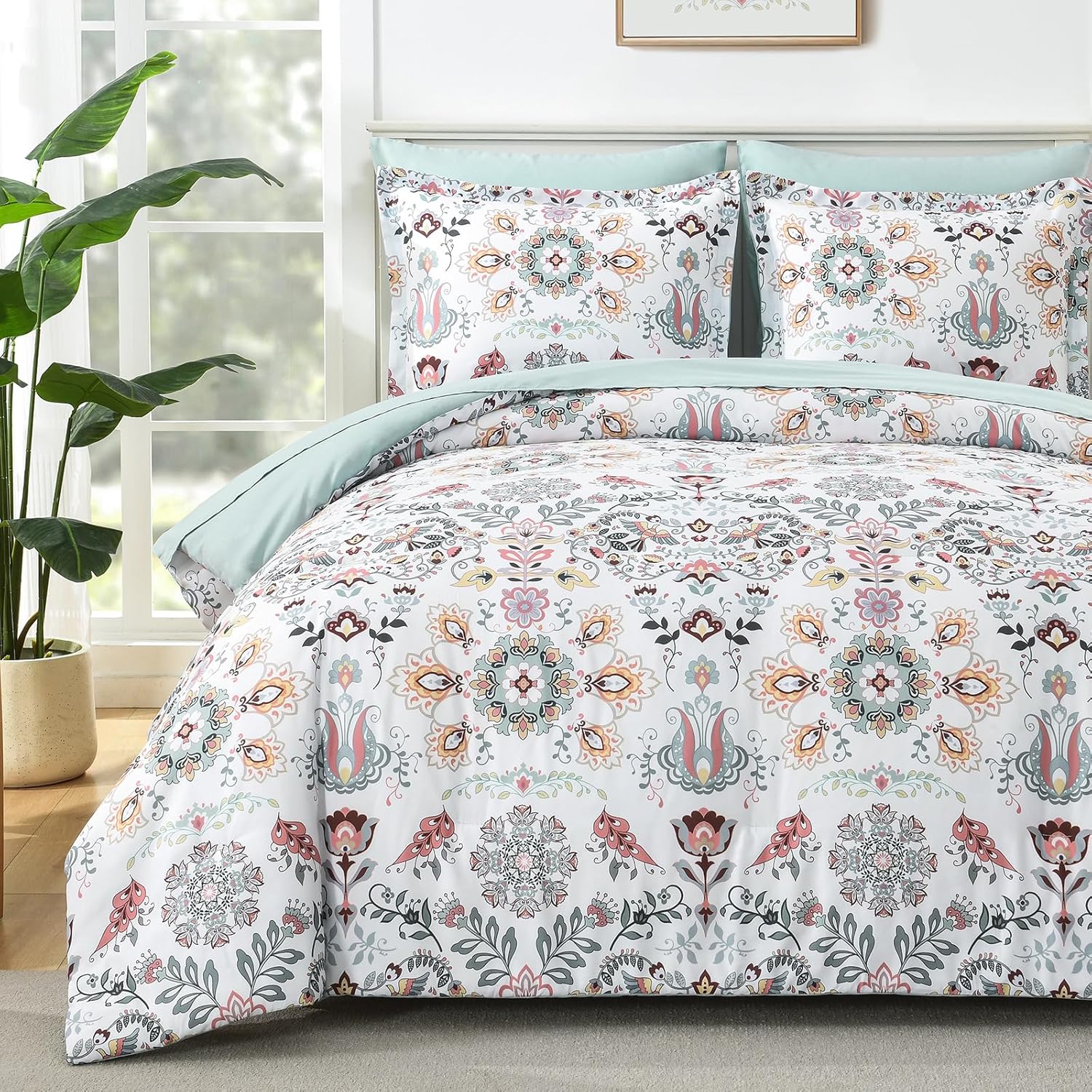 Boho Comforter Set Queen - 7 Pieces Bed in a Bag Floral Medallions Design, Bohemian Comforter Set with Sheets, Soft Microfiber Complete Bedding Sets All Season (Teal Blue, Queen)