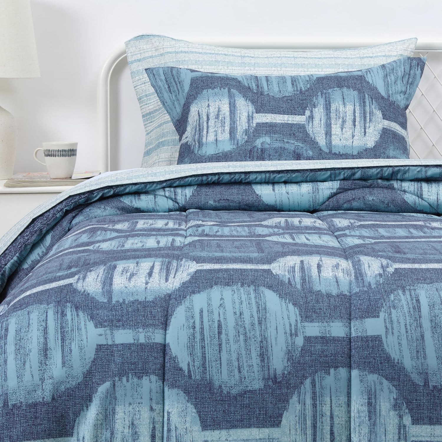 Amazon Basics Full/Queen Comforter Set with Sheets, 7-Piece Blue Calvin Striped Bedding, Lightweight Microfiber Bed-in-a-Bag