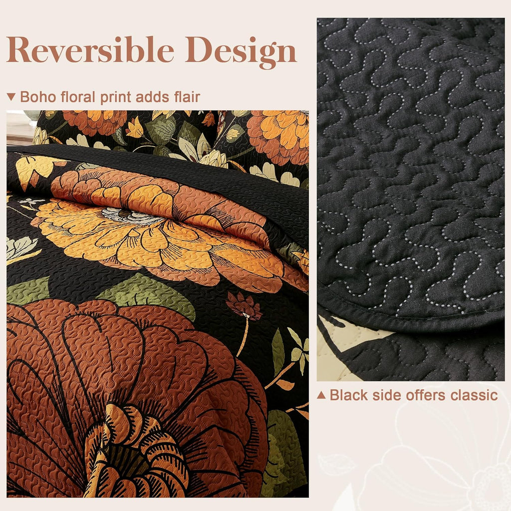 3 Piece Black Boho Floral Full/Queen Quilt Sets Reversible Farmhouse Botanical Lightweight Bedspread Coverlet with 2 Shams Mid Century Microfiber Fall Bedding Quilts Set for All Season,90''x96''