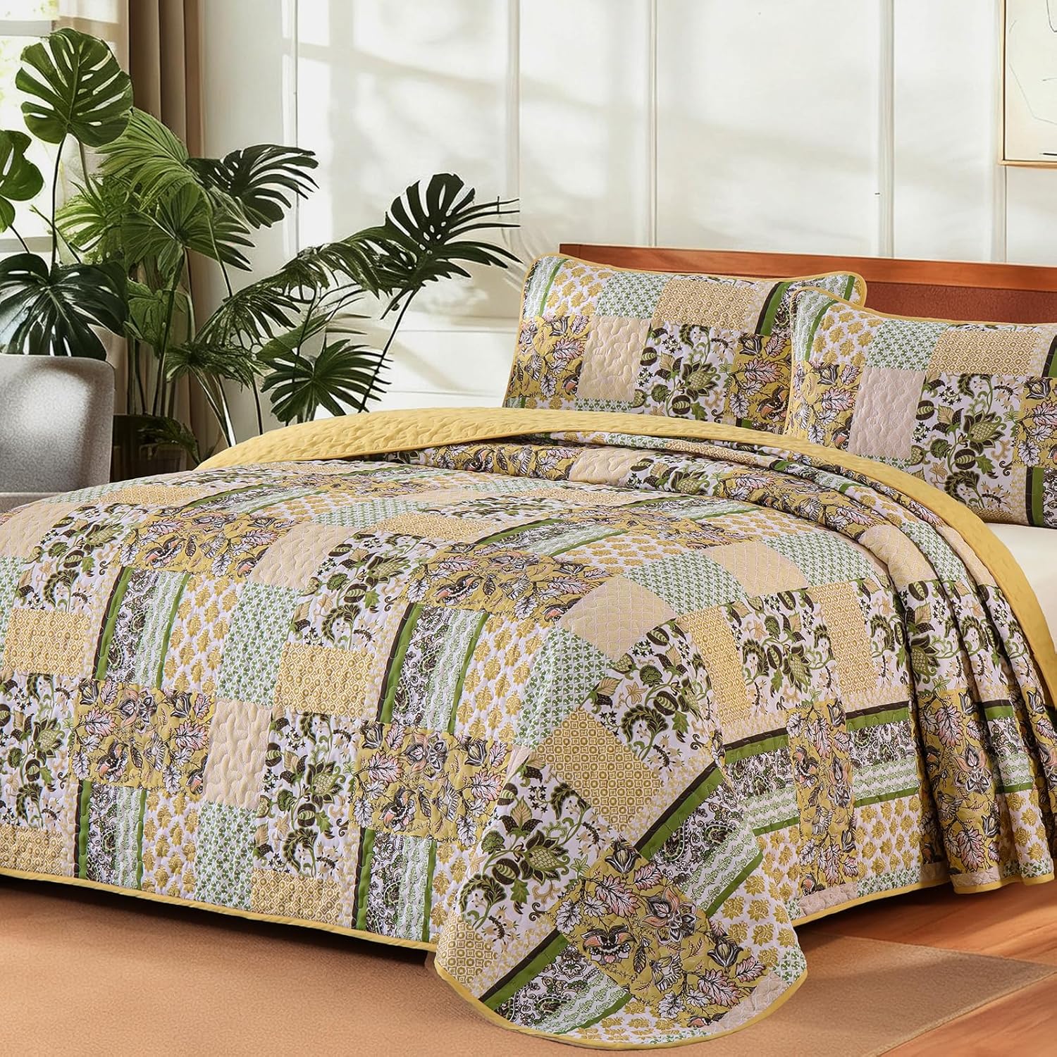 WONGS BEDDING Green Quilt Set King Size，Green Patchwork Plaid Printed Bedspread Coverlet Set，3 Pieces Summer Soft Microfiber Boho Bedding Set with 1 Quilt 2 Pillowcases