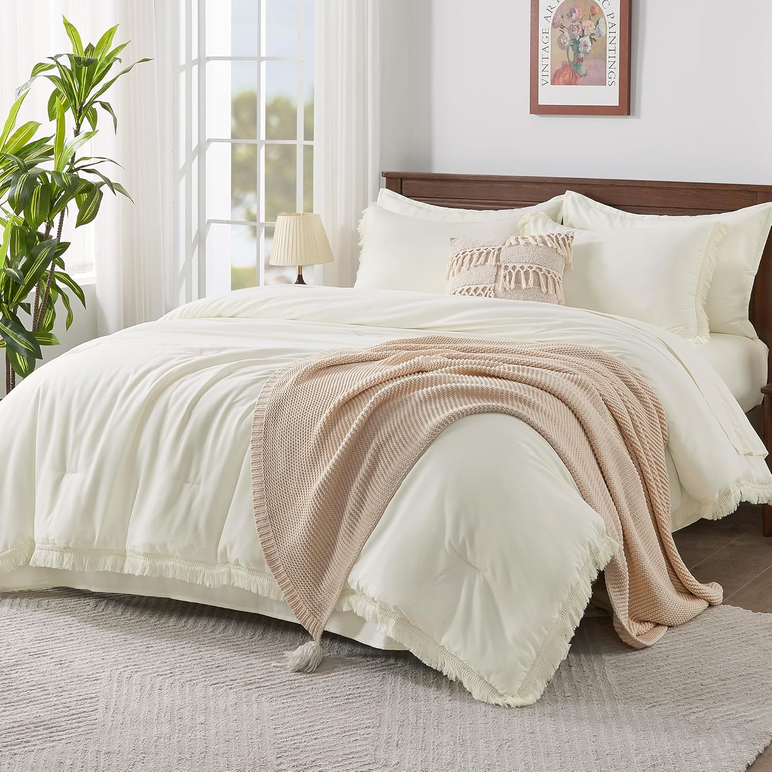 Andency Queen Comforter Set with Sheets Burnt Orange - 7 Pieces Boho Tassel Bed in a Bag Soft Lightweight Bedding Sets, Terracotta Rust Fringe Bed Set with Comforter, Sheets, Pillowcases & Shams