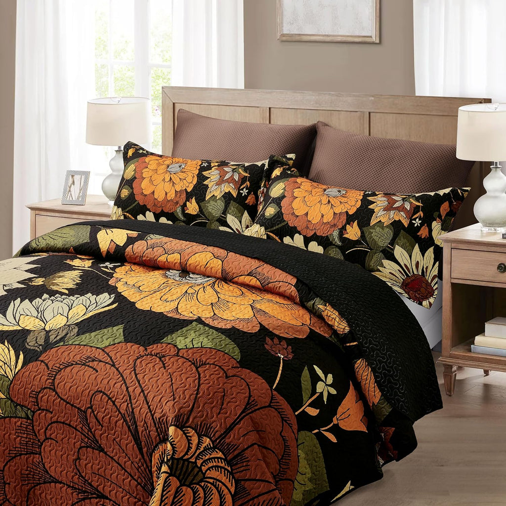 3 Piece Black Boho Floral Full/Queen Quilt Sets Reversible Farmhouse Botanical Lightweight Bedspread Coverlet with 2 Shams Mid Century Microfiber Fall Bedding Quilts Set for All Season,90''x96''