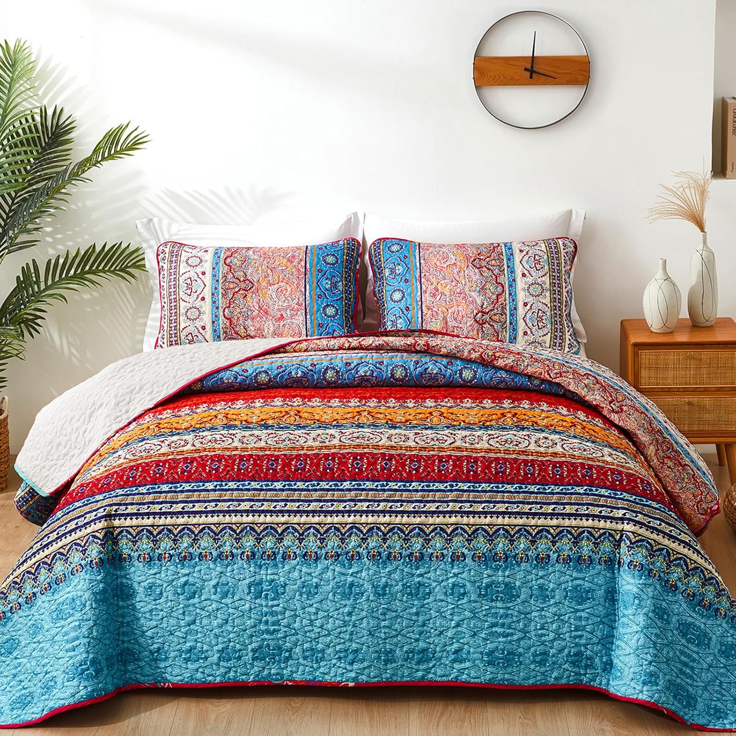WONGS BEDDING Bohemian Quilt Set King Size, Boho Striped Printed Bedding Bedspread Coverlet Set for All Season, Lightweight Microfiber Quilts with 2 Pillowcases 104"x90" (3 Pieces, Colorful)