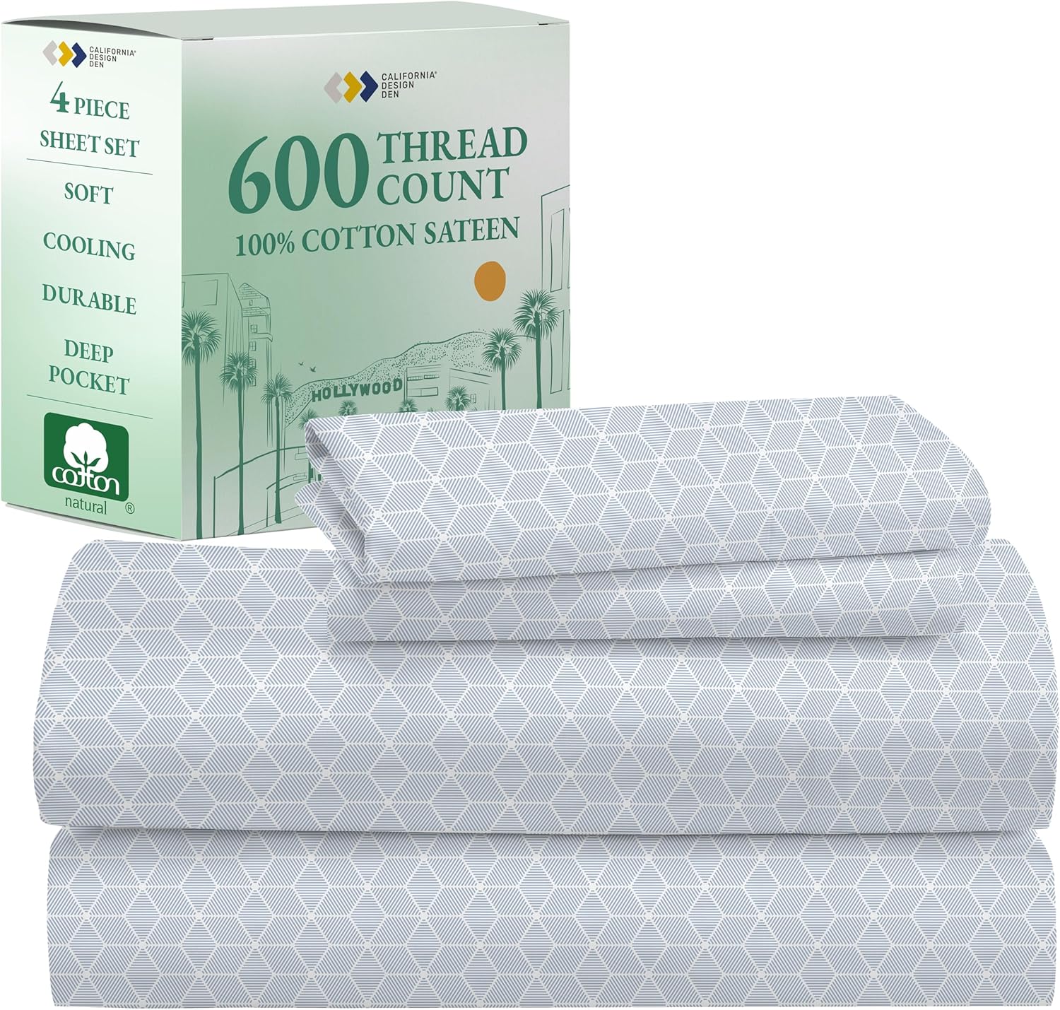 California Design Den Queen Sheet Set - Luxury 600 Thread Count Sateen, 100% Cotton Deep Pocket Queen Sheets with All Around Elastic, Snug Fit, Hotel Quality Bedding Set - White