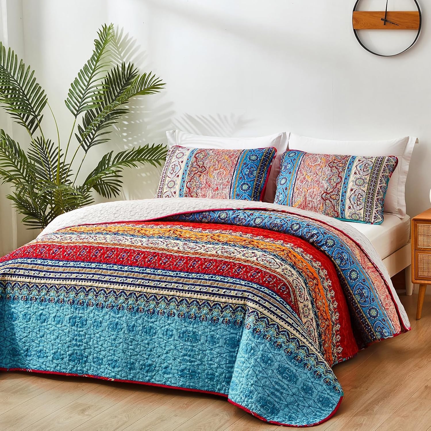 WONGS BEDDING Bohemian Quilt Set King Size, Boho Striped Printed Bedding Bedspread Coverlet Set for All Season, Lightweight Microfiber Quilts with 2 Pillowcases 104"x90" (3 Pieces, Colorful)