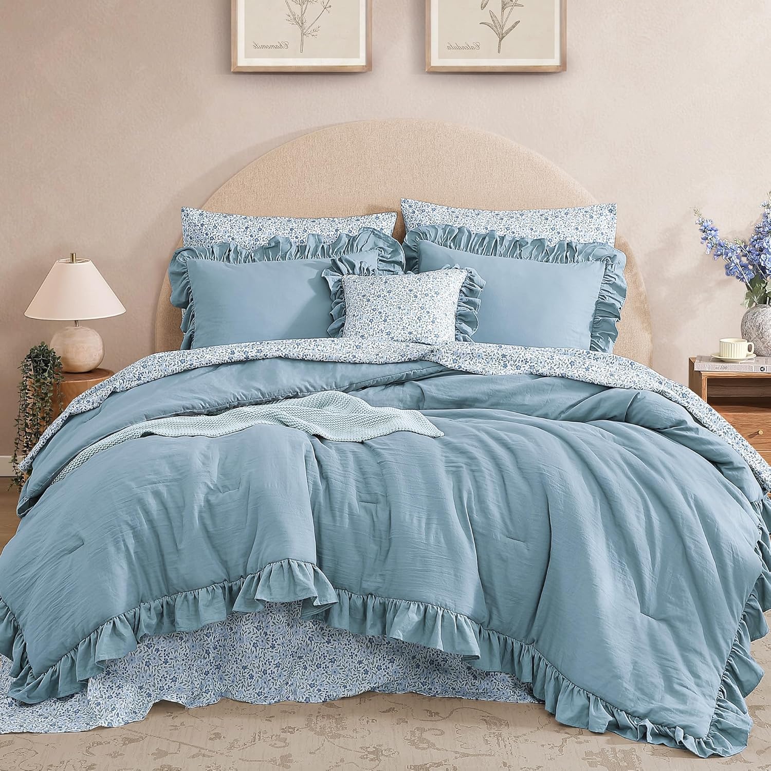 Queen Comforter Set - 7 Pieces Ruffle Sage Green Bedding Sets, Shabby Chic Farmhouse Bed in a Bag Queen with Ruffle Comforter, Floral Sheets, Pillowcases & Shams