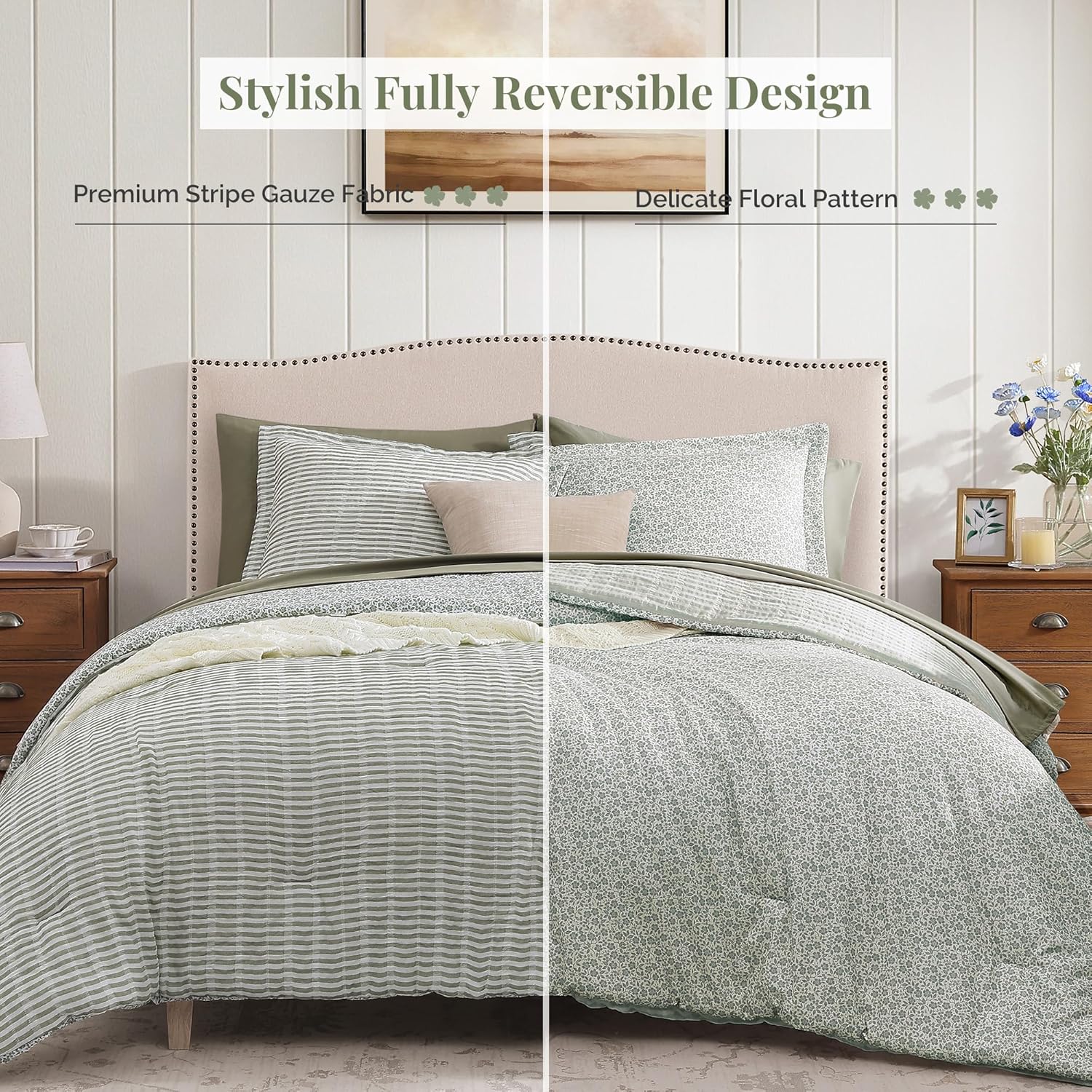Queen Comforter Set - 7 Pieces Green Gauze Muslin Bedding Sets for All Seasons, Lightweight Breathable Bed in a Bag Queen with Revesible Farmhouse Comforter, Sheets, Pillowcases & Shams