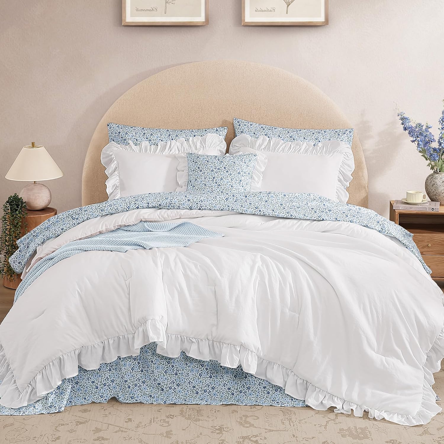 Queen Comforter Set - 7 Pieces Ruffle Sage Green Bedding Sets, Shabby Chic Farmhouse Bed in a Bag Queen with Ruffle Comforter, Floral Sheets, Pillowcases & Shams