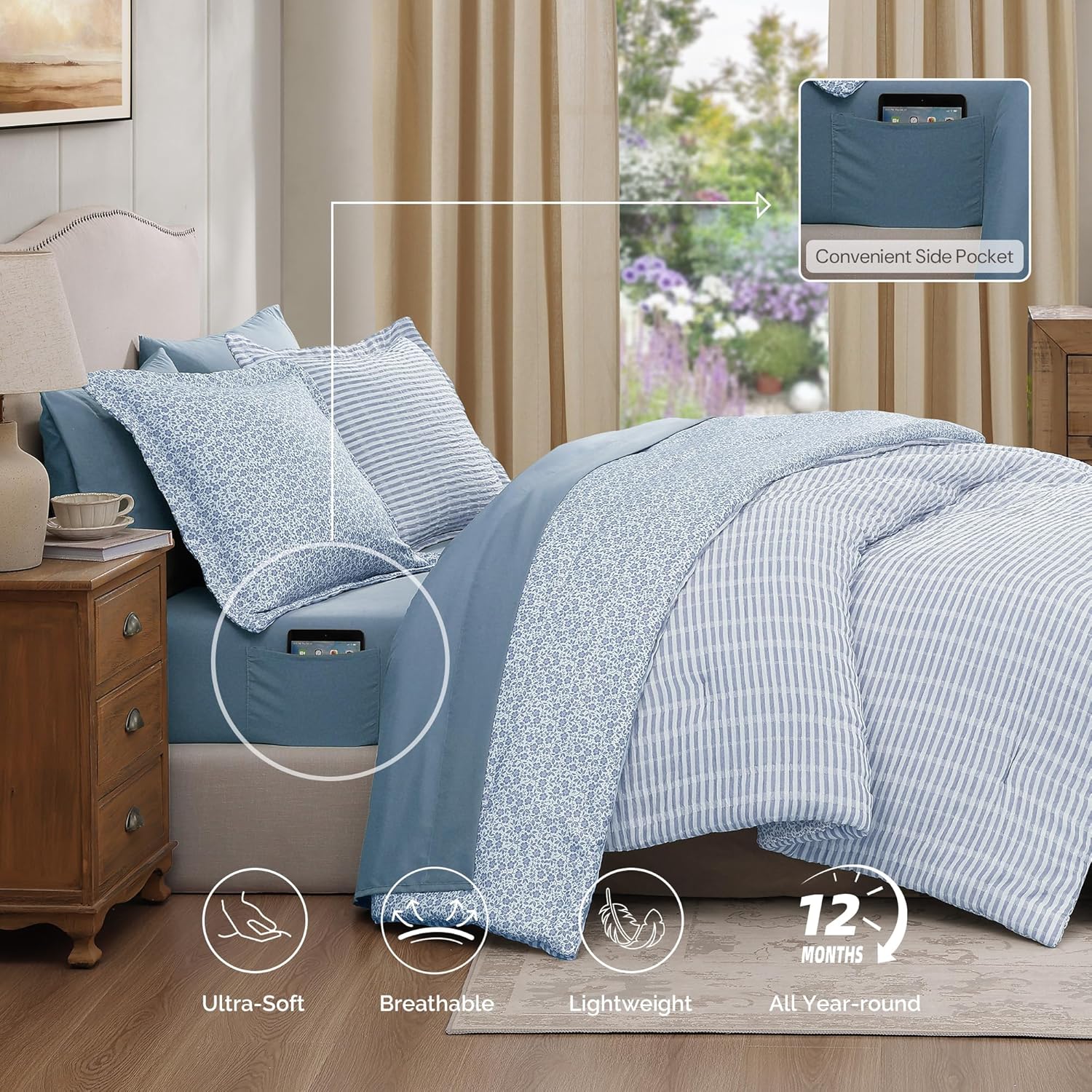 Queen Comforter Set - 7 Pieces Blue Gauze Muslin Bedding Sets for All Seasons, Lightweight Breathable Bed in a Bag Queen with Revesible Farmhouse Comforter, Sheets, Pillowcases & Shams