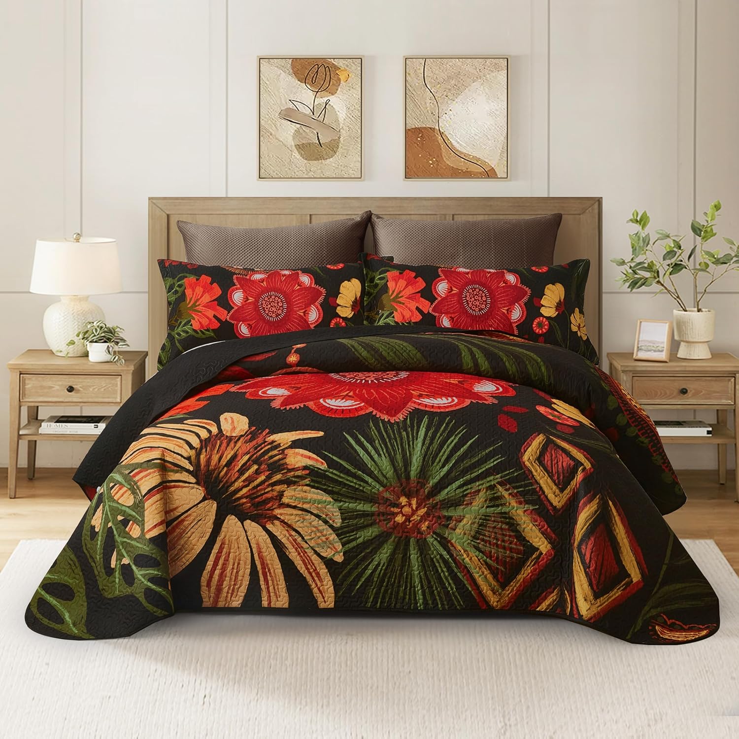 3 Piece Black Boho Floral Full/Queen Quilt Sets Reversible Farmhouse Botanical Lightweight Bedspread Coverlet with 2 Shams Mid Century Microfiber Fall Bedding Quilts Set for All Season,90''x96''