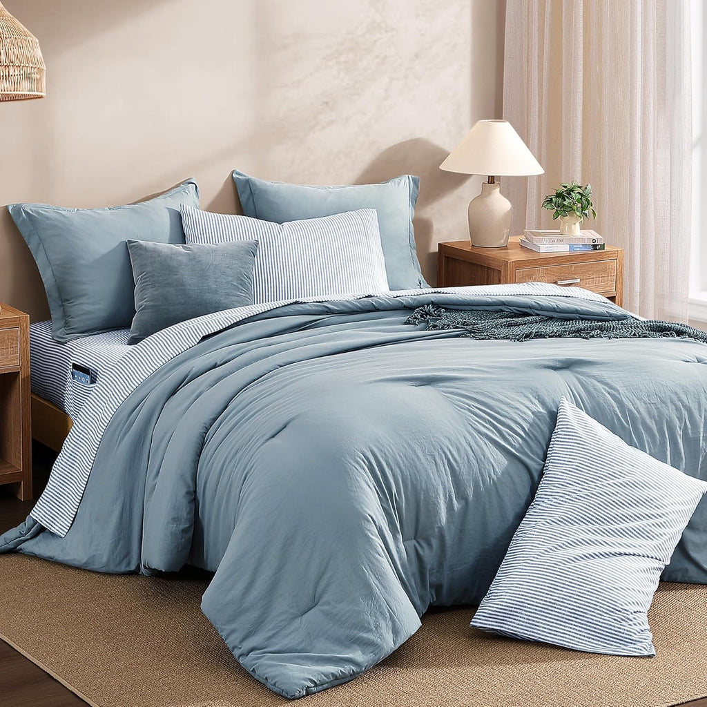 Monbix Queen Comforter Set - 7 Pieces Dusty Blue Prewashed Bed in a Bag Queen Bedding Sets with Comforters, All Seasons Ultra Soft Comforter Bed Set with Sheets,Pillowcases & Shams