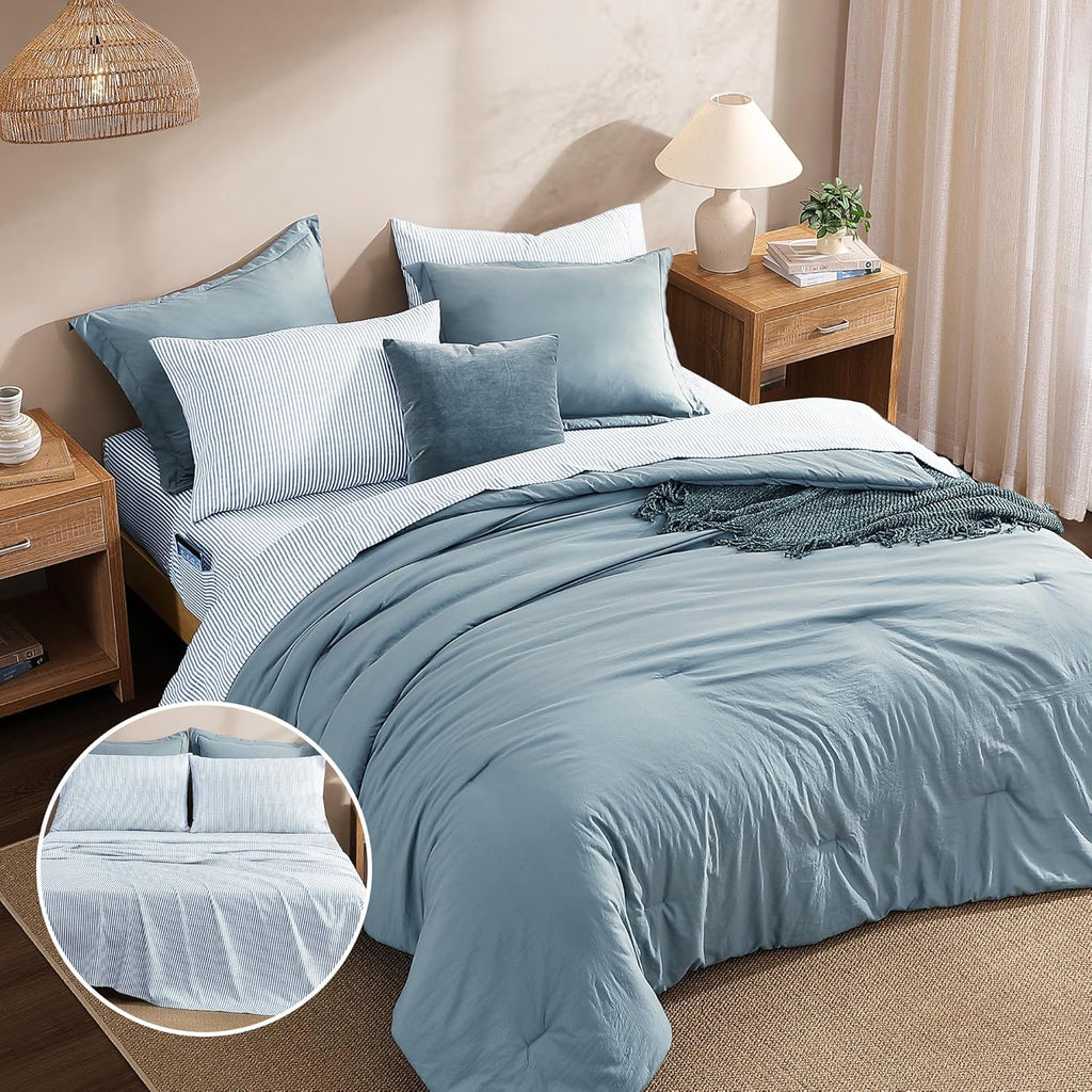 Monbix Queen Comforter Set - 7 Pieces Dusty Blue Prewashed Bed in a Bag Queen Bedding Sets with Comforters, All Seasons Ultra Soft Comforter Bed Set with Sheets,Pillowcases & Shams