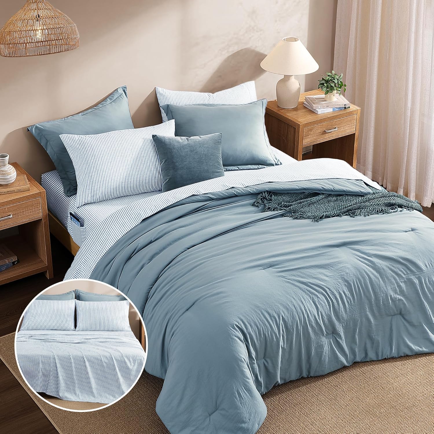 Monbix Queen Comforter Set - 7 Pieces Dusty Blue Prewashed Bed in a Bag Queen Bedding Sets with Comforters, All Seasons Ultra Soft Comforter Bed Set with Sheets,Pillowcases & Shams