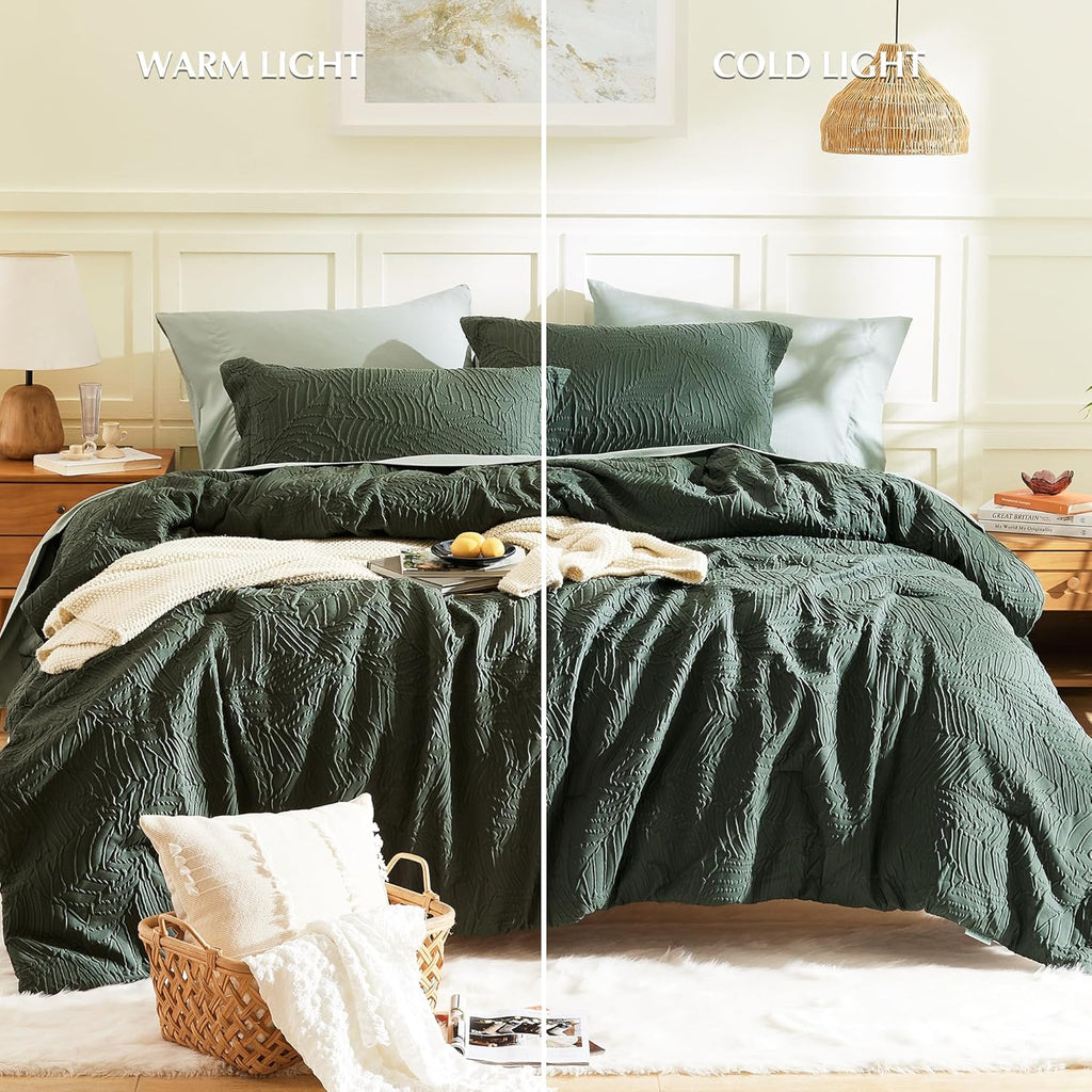 Geniospin Queen Comforter Set - 7 Pieces Dark Green Bedding Set, Botanical Textured Comforter Bed Set, All Season Lightweight Bed in a Bag with Comforter, Sheets, Pillowcases & Shams