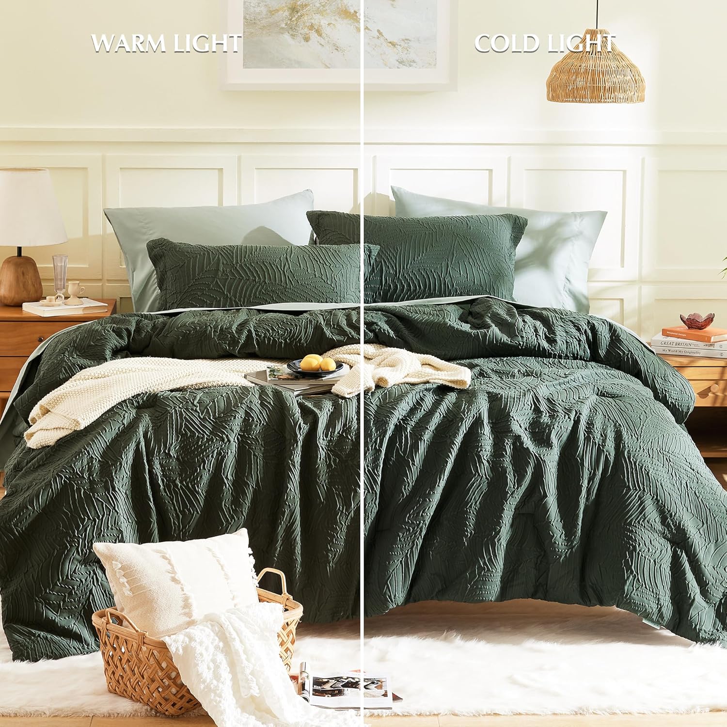 Geniospin Queen Comforter Set - 7 Pieces Dark Green Bedding Set, Botanical Textured Comforter Bed Set, All Season Lightweight Bed in a Bag with Comforter, Sheets, Pillowcases & Shams