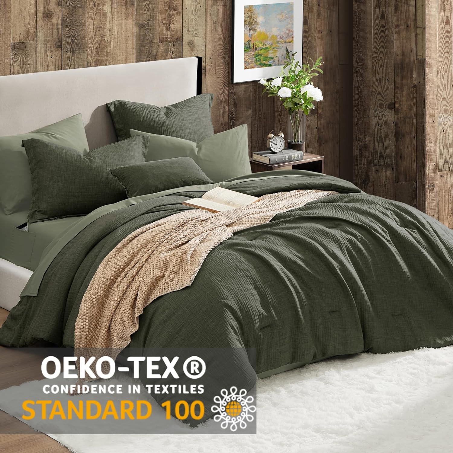 Geniospin King Comforter Set - 7 Pieces Comforter King Size, Soft Solid Bedding Set for All Season, Textured Bed in a Bag with Sheets, Pillowcases & Shams (Dark Green, 102''x90'')