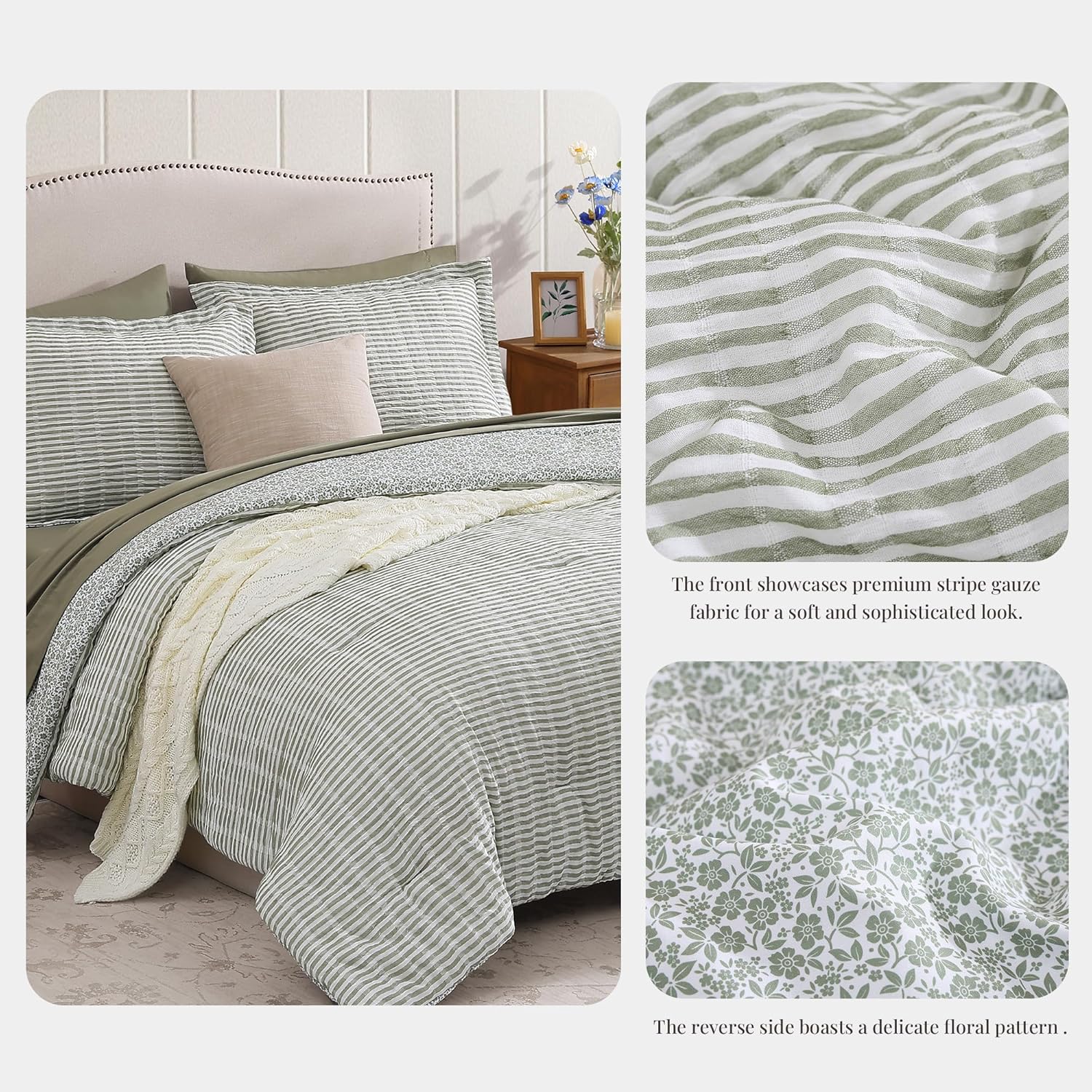 Queen Comforter Set - 7 Pieces Green Gauze Muslin Bedding Sets for All Seasons, Lightweight Breathable Bed in a Bag Queen with Revesible Farmhouse Comforter, Sheets, Pillowcases & Shams