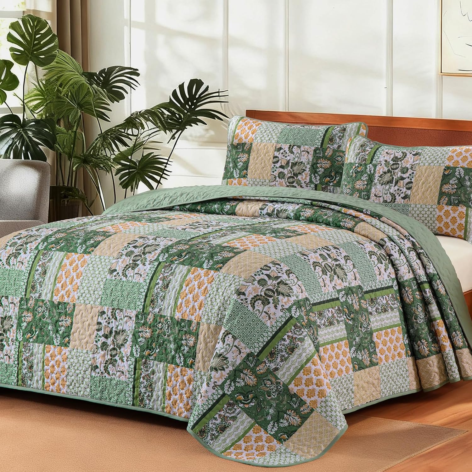 WONGS BEDDING Green Quilt Set King Size，Green Patchwork Plaid Printed Bedspread Coverlet Set，3 Pieces Summer Soft Microfiber Boho Bedding Set with 1 Quilt 2 Pillowcases