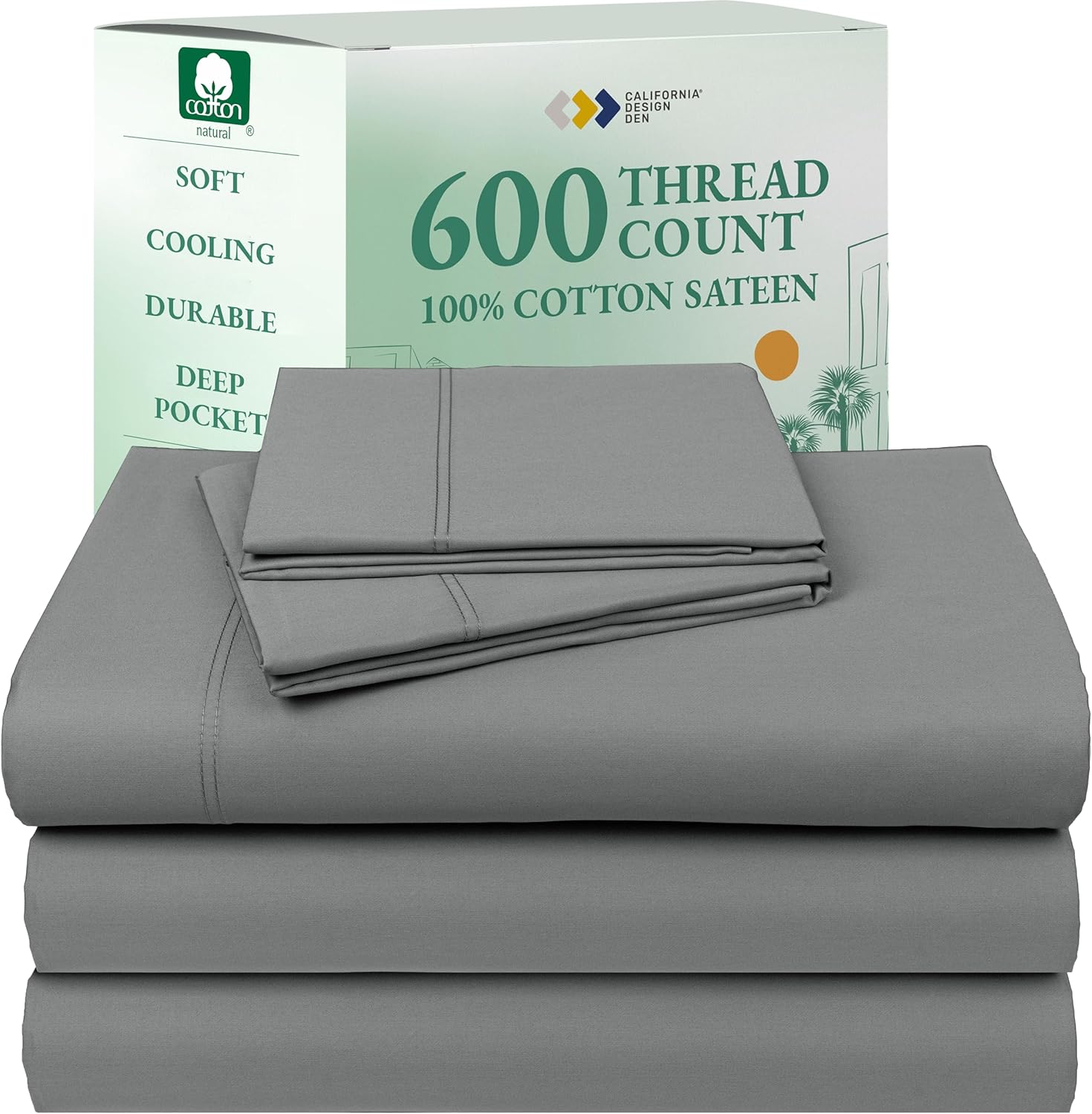 California Design Den Queen Sheet Set - Luxury 600 Thread Count Sateen, 100% Cotton Deep Pocket Queen Sheets with All Around Elastic, Snug Fit, Hotel Quality Bedding Set - White