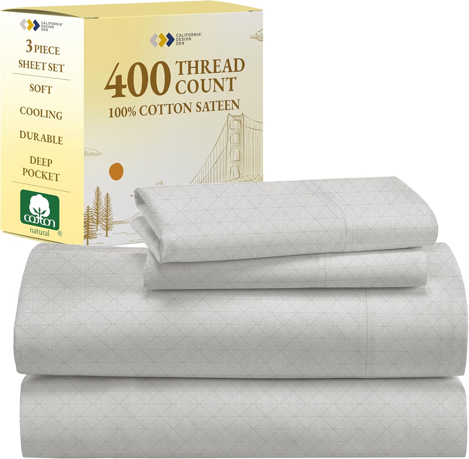 California Design Den King Size Sheets Set - Soft 400 Thread Count Sateen, Natural 100% Cotton Sheets King Size, Deep Pockets with All Around Elastic for a Snug Fit, Cool & Durable Bedding - White