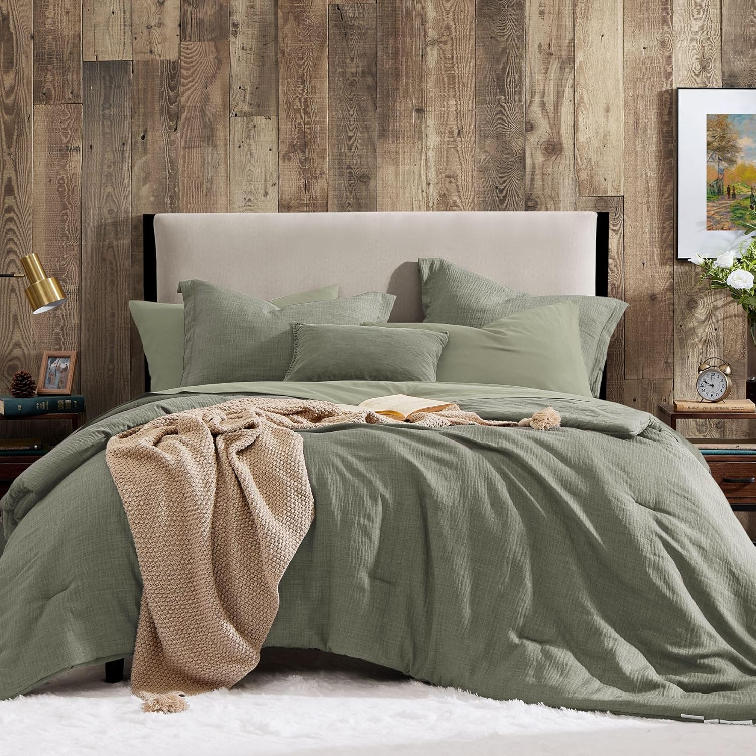 Geniospin King Comforter Set - 7 Pieces Comforter King Size, Soft Solid Bedding Set for All Season, Textured Bed in a Bag with Sheets, Pillowcases & Shams (Dark Green, 102''x90'')