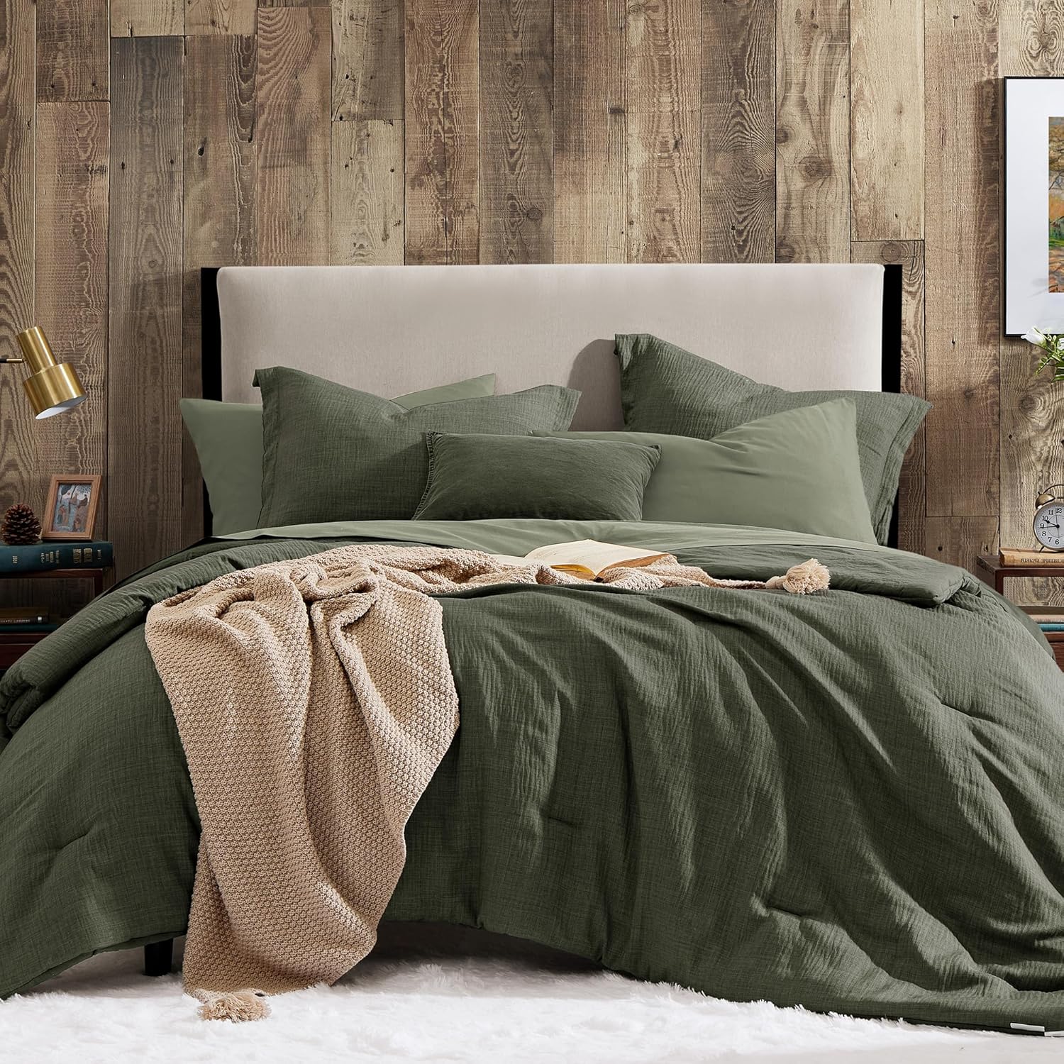 Geniospin King Comforter Set - 7 Pieces Comforter King Size, Soft Solid Bedding Set for All Season, Textured Bed in a Bag with Sheets, Pillowcases & Shams (Dark Green, 102''x90'')